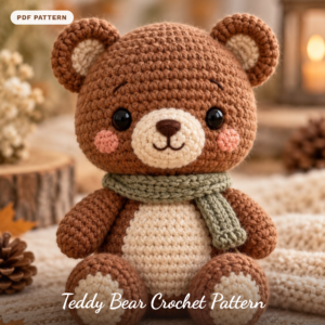 Handmade crochet teddy bear with a sage green scarf