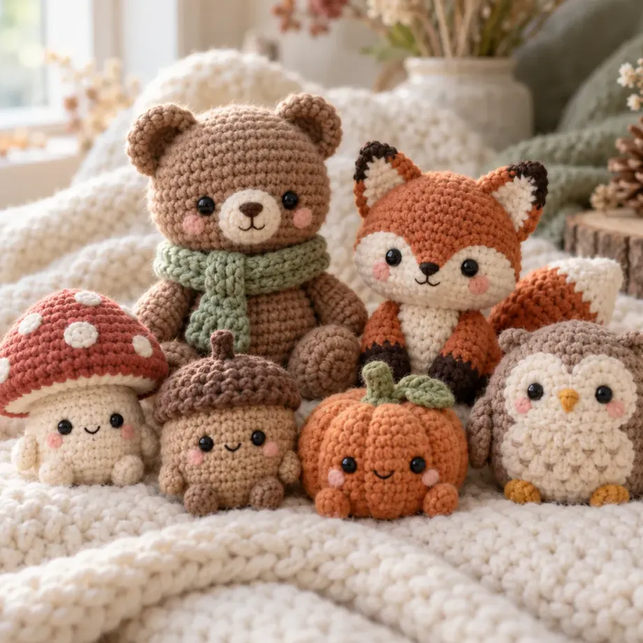 Handmade crochet amigurumi friends: a teddy bear, fox, mushroom, acorn, pumpkin and owl on a cozy knitted blanket